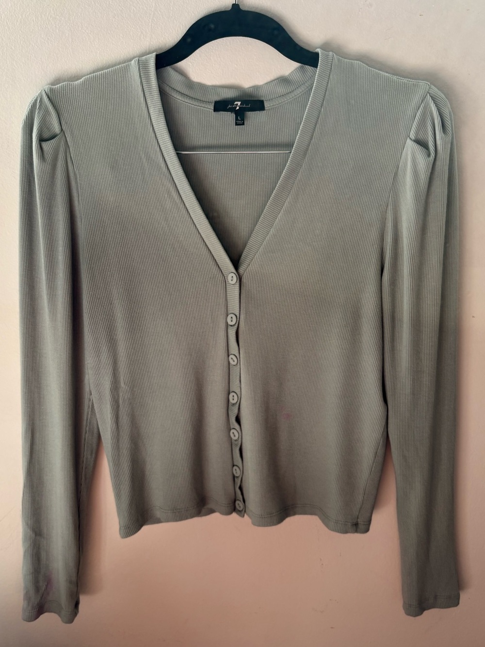 7 For All Mankind Ribbed Button Front Cardigan Size L Sage Green Puff Sleeve